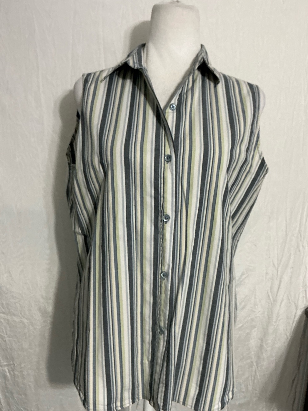Natural Reflections Sleeveless Striped Button-Front Top - White, Gray & Green